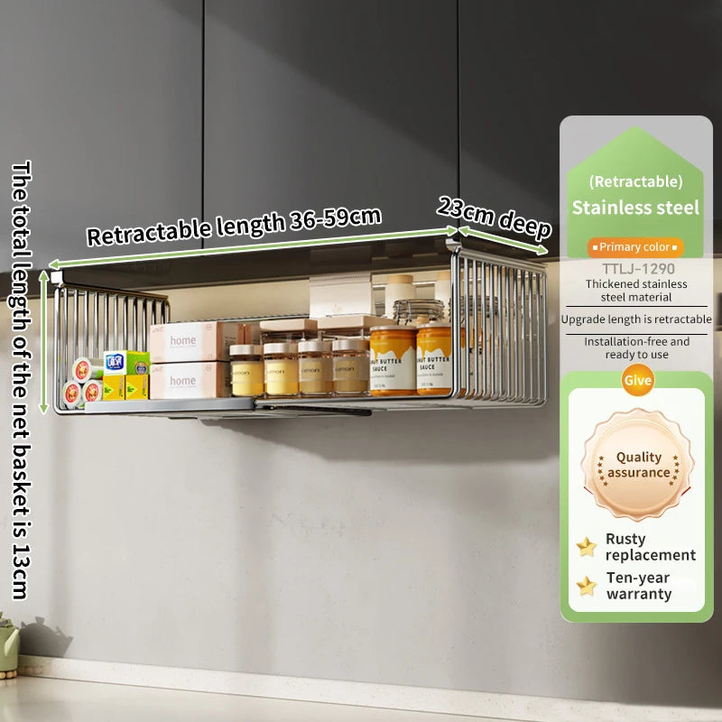 Kitchen Stainless Steel Retractable Hanging Basket Storage Organization Accessories Bathroom Multi-purpose Cabinet Under Shelves