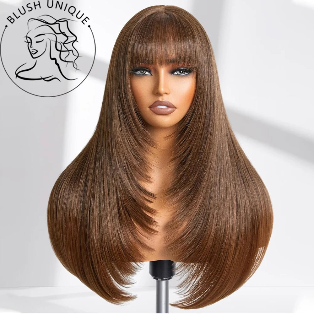 Straight Layered Cut Wigs with Bangs HD Lace Fake Scalp Synthetic Natural Layered Lace Wig For Women Glueless Heat Resistant Wig