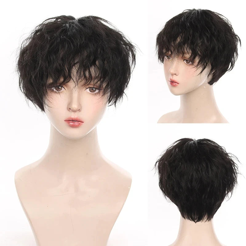 Men Short Wavy Curly Synthetic Blonde Wig with Bangs Fluffy Cosplay Hair Heat Resistant Wig for Daily Party