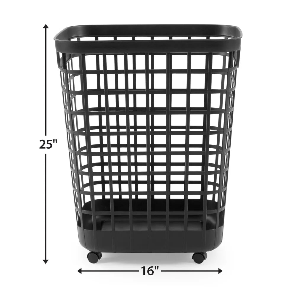 Rolling Laundry Hamper 2.6 Bushel Black Plastic Storage Bin Open Top Portable with Casters Easy Clean Durable Home Dorm Room