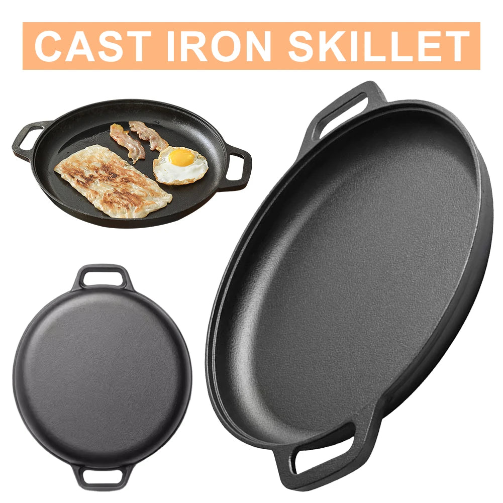 Cast Iron Round Griddle For Crepes And Pizza with Dual Handles Non-Stick BBQ Camping Fry Pan Pancake Pizza Pan Cookware Fry Pan