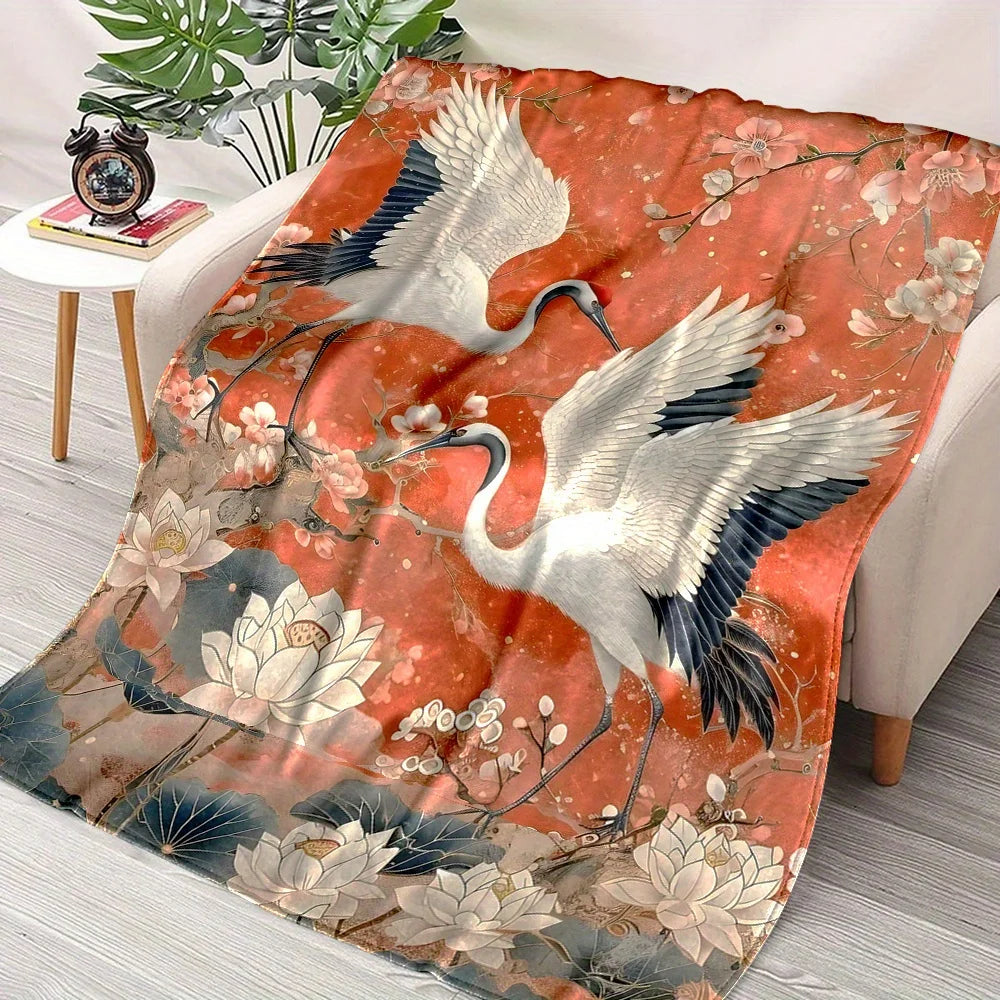 Flannel Throw Blanket with White Crane and Lotus Design, Digital Print Soft Polyester Flannel, Reversible, Non-Woven, No Pilling