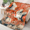 Flannel Throw Blanket with White Crane and Lotus Design, Digital Print Soft Polyester Flannel, Reversible, Non-Woven, No Pilling