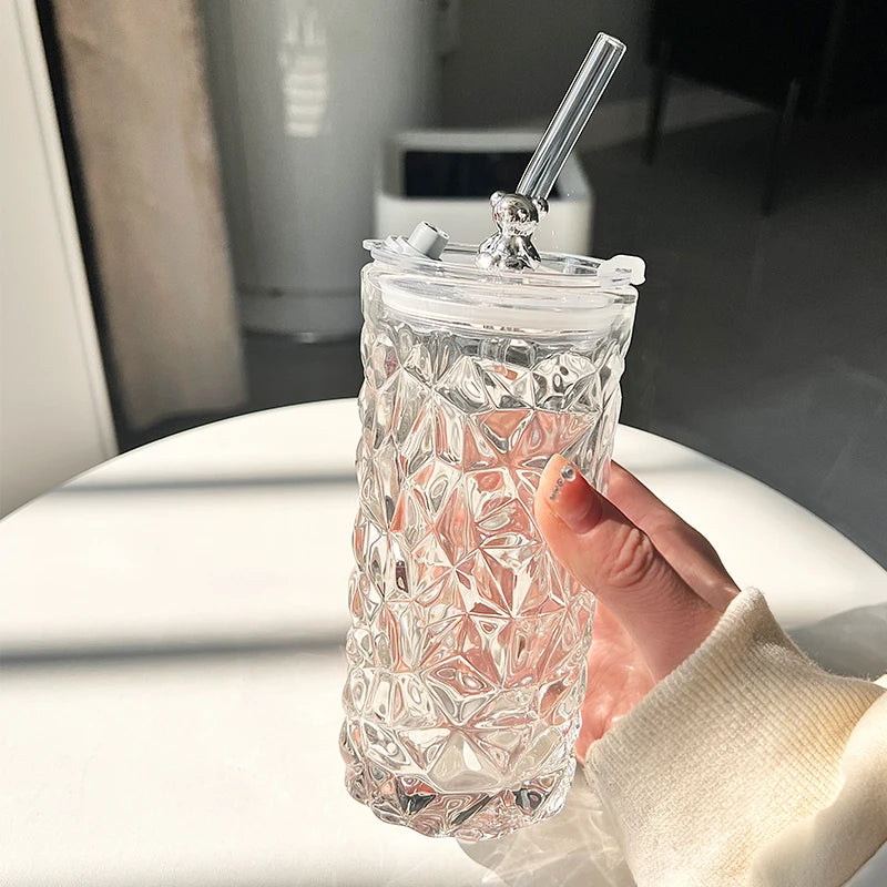 New 2024 Glass Water Cup Women's Coffee Cup With Lid And Straw Portable Home Tea Cup Office European-style Vintage Milk Cup