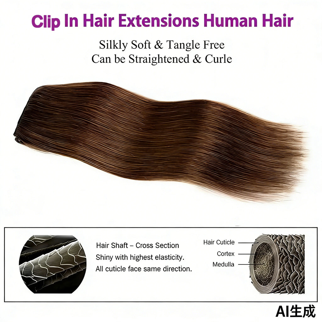 Clip in Hair Extension Human Hair Highlight #4/27 Clip on Brazilian Straight Human Hair Extensions 16-26 Inches Natural Color