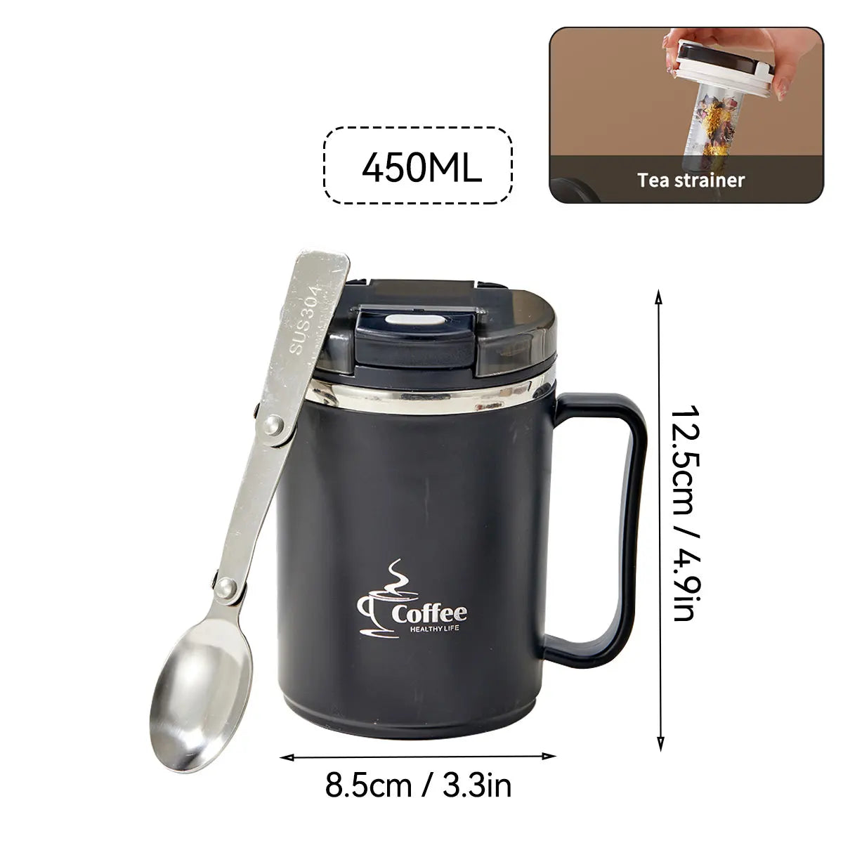 Double-Wall Insulated Coffee Mug Portable 304 Stainless Steel Water Cup With Spoon & Tea Strainer Anti Scald Sealed Drinking Cup