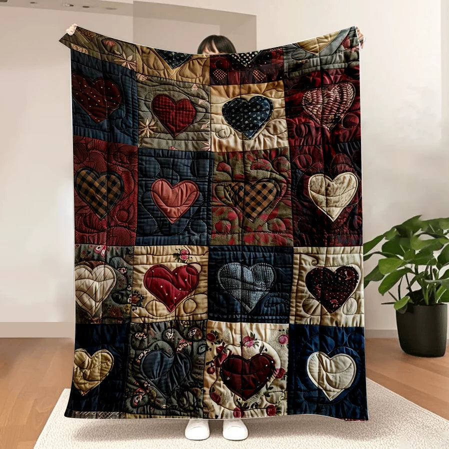 Ultra-Soft Flannel Heart-Print Blanket - Lightweight and portable for year-round travel, camping, or office use. Patchwork quilt