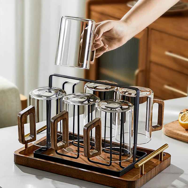 2/4/6pcs Glass Cups With Walnut Handle 300ml Coffee Mug Heat-resistant Tea Making Cup Household Office Drinking Glasse Set