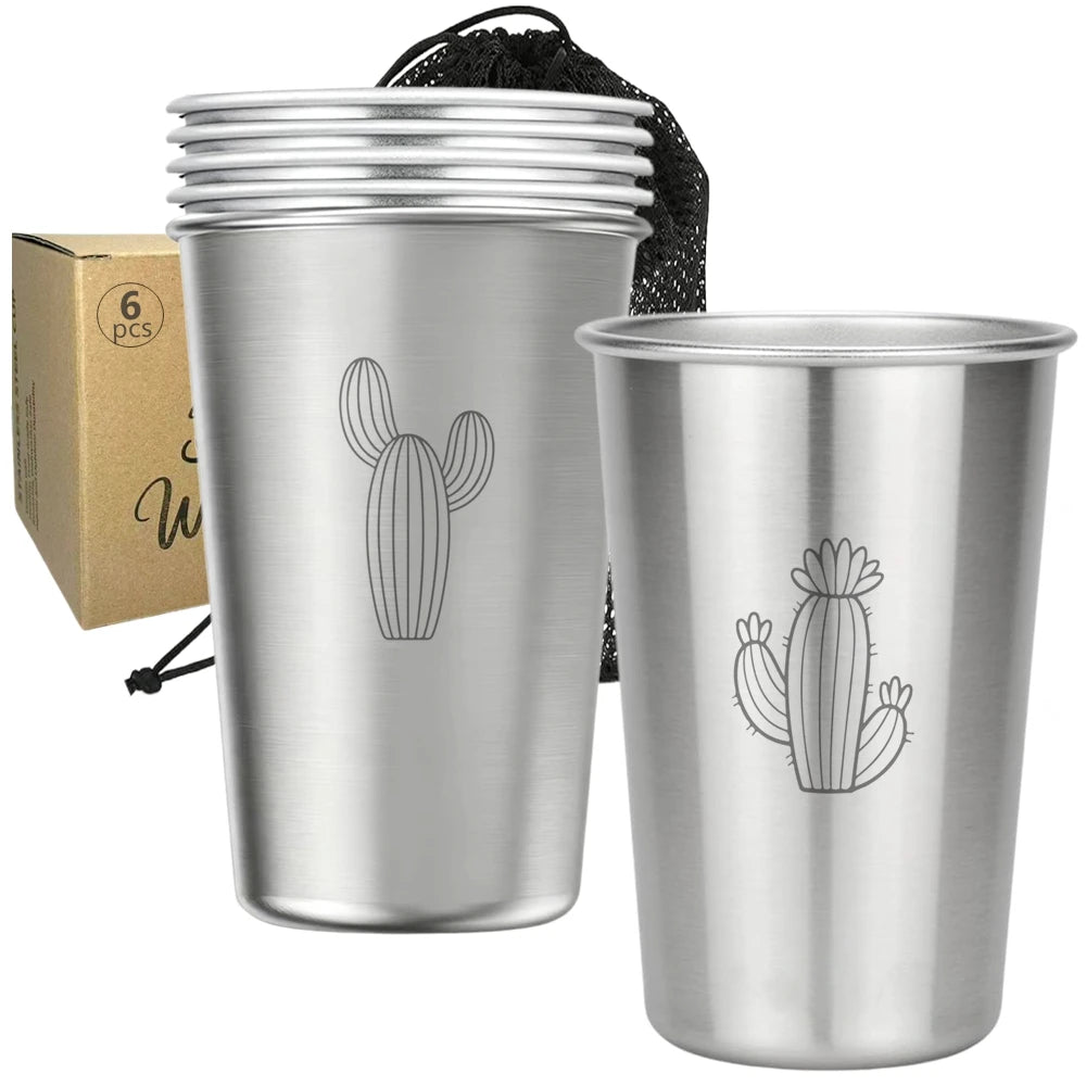 Premium Stainless Steel Cups 6 Pack Pint Cup Tumbler Metal Cups Stackable Durable Cup Chilling Beer Glasses for Travel Party