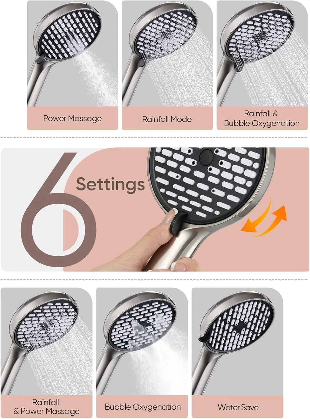 11.8-inch rain shower head, 6-mode handheld spray, high-pressure shower combination, with 11-inch adjustable extension arm, brus