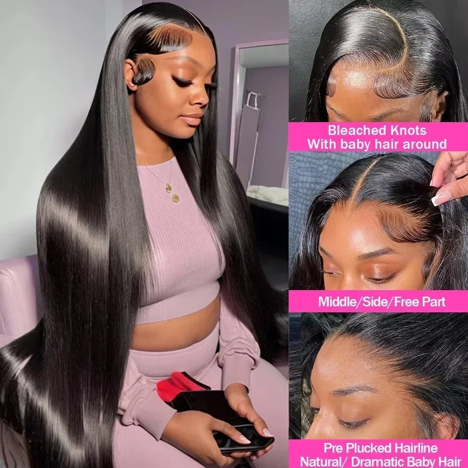 30 40 Inch 360 Full HD Straight Lace Frontal Wigs 200 Density 100% Human Hair Wig Brazilian PrePlucked Lace Front Human Hair Wig