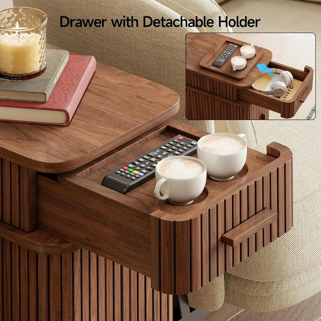 Fluted End Table with Charging Station, Narrow Side Table with Drawers, Wood Skinny Nightstand with Storage,, Customized