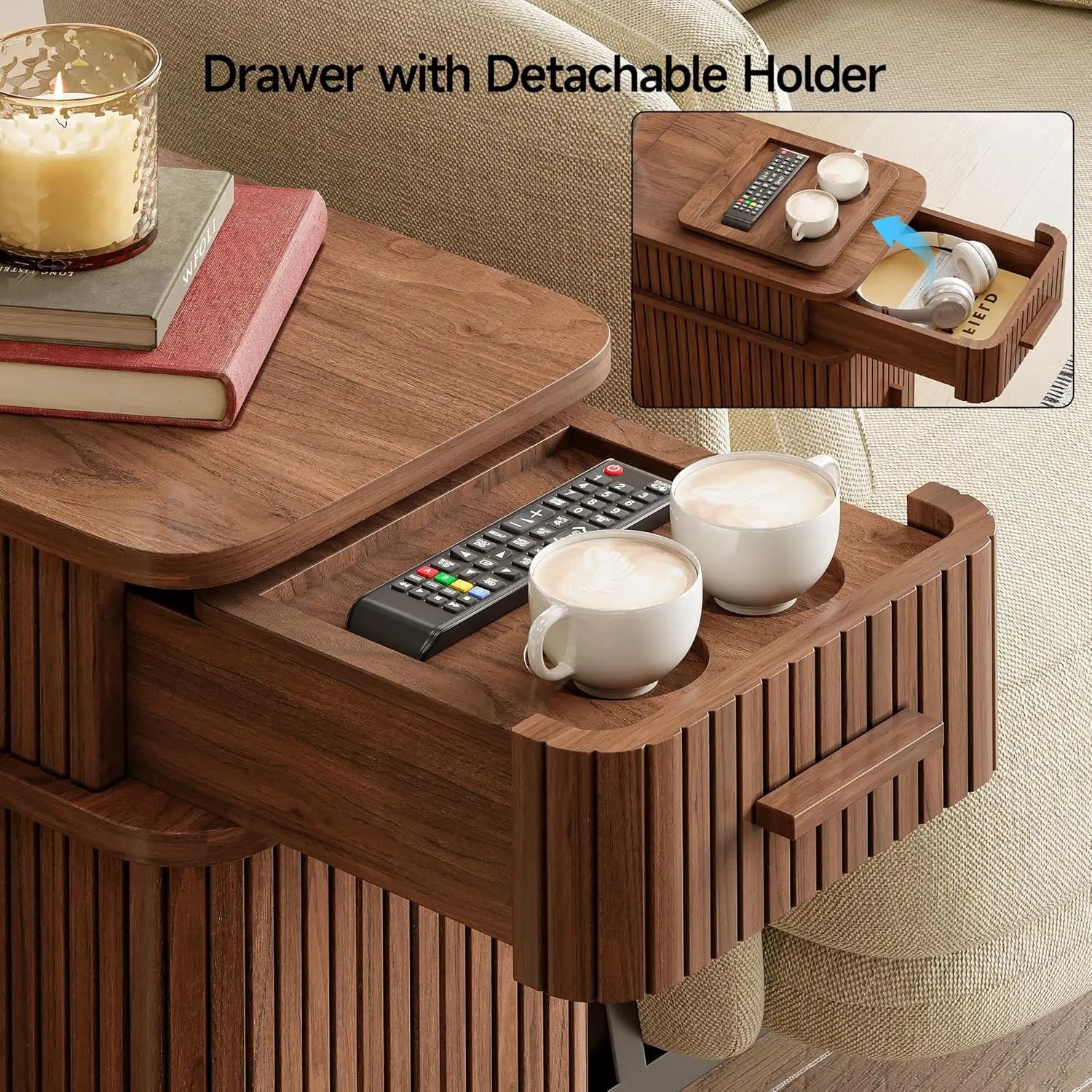 Fluted End Table with Charging Station, Narrow Side Table with Drawers, Wood Skinny Nightstand with Storage,, Customized