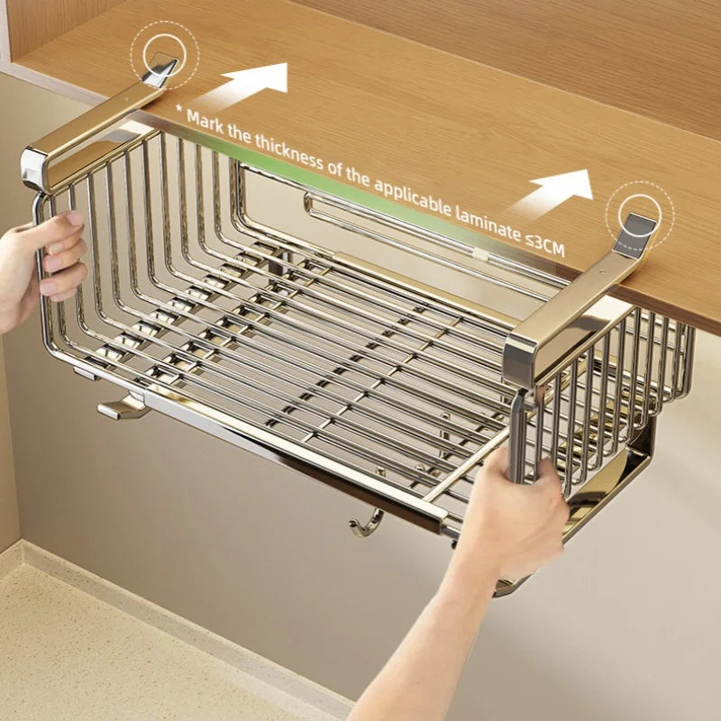 Kitchen Stainless Steel Retractable Hanging Basket Storage Organization Accessories Bathroom Multi-purpose Cabinet Under Shelves