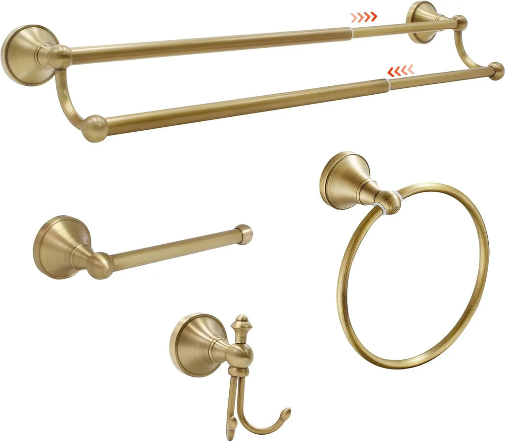 Antique Brass Bathroom Set: Adjustable Towel Bar, Toilet Paper Holder, Towel Ring & Robe Hook - Solid Brass, Rust-Resistant