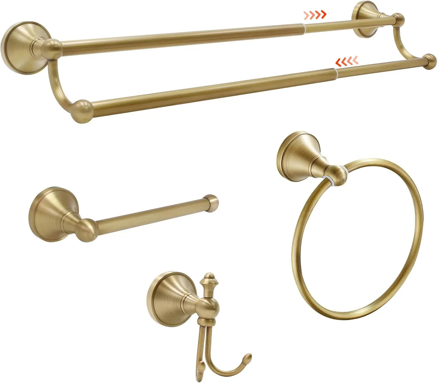 Antique Brass Bathroom Set: Adjustable Towel Bar, Toilet Paper Holder, Towel Ring & Robe Hook - Solid Brass, Rust-Resistant
