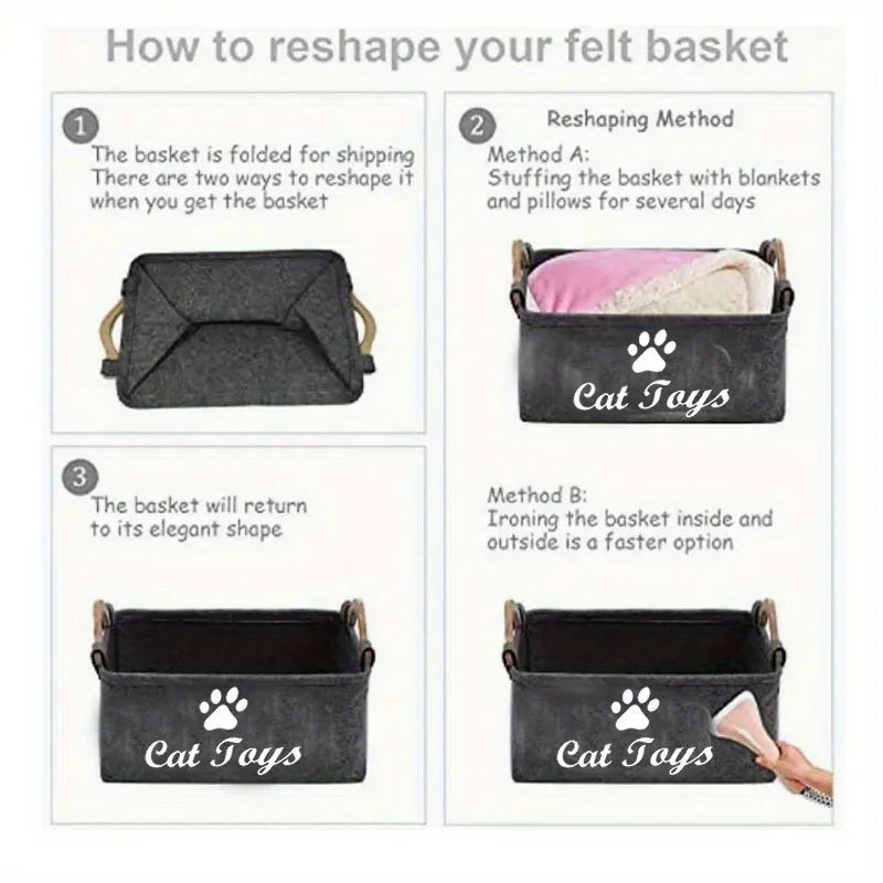 Stylish Felt Pet Toy Storage Basket - Durable Organizer for Cat & Dog Toys, Dirty Clothes, and Cleaning Supplies - Letter Print