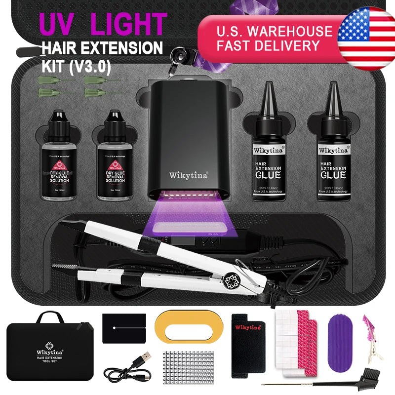 COMBO UV V Light Hair Extension Set Wikytina Tools Kit, UV Glue Long-Lasting Remover Machine - Salon Styling Tools invisibility