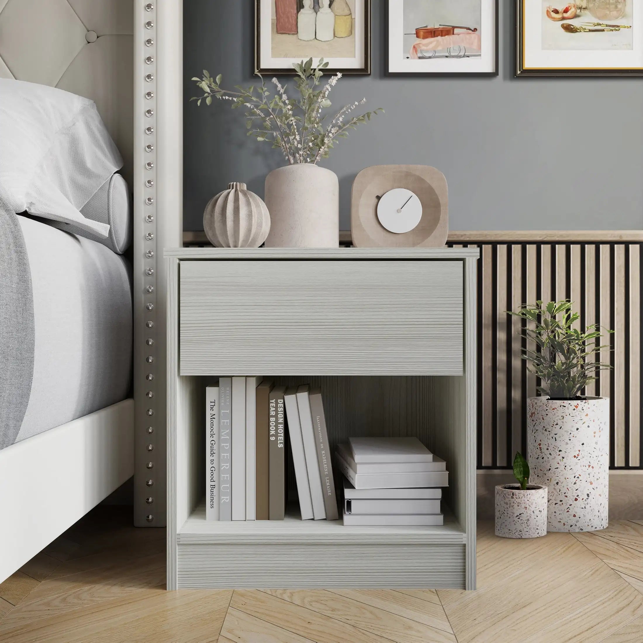 Versatile Wood Side Table for Living Room, Lounge, Stable and Sturdy Design. Minimalist Nightstand with1Drawer, Dark Gray