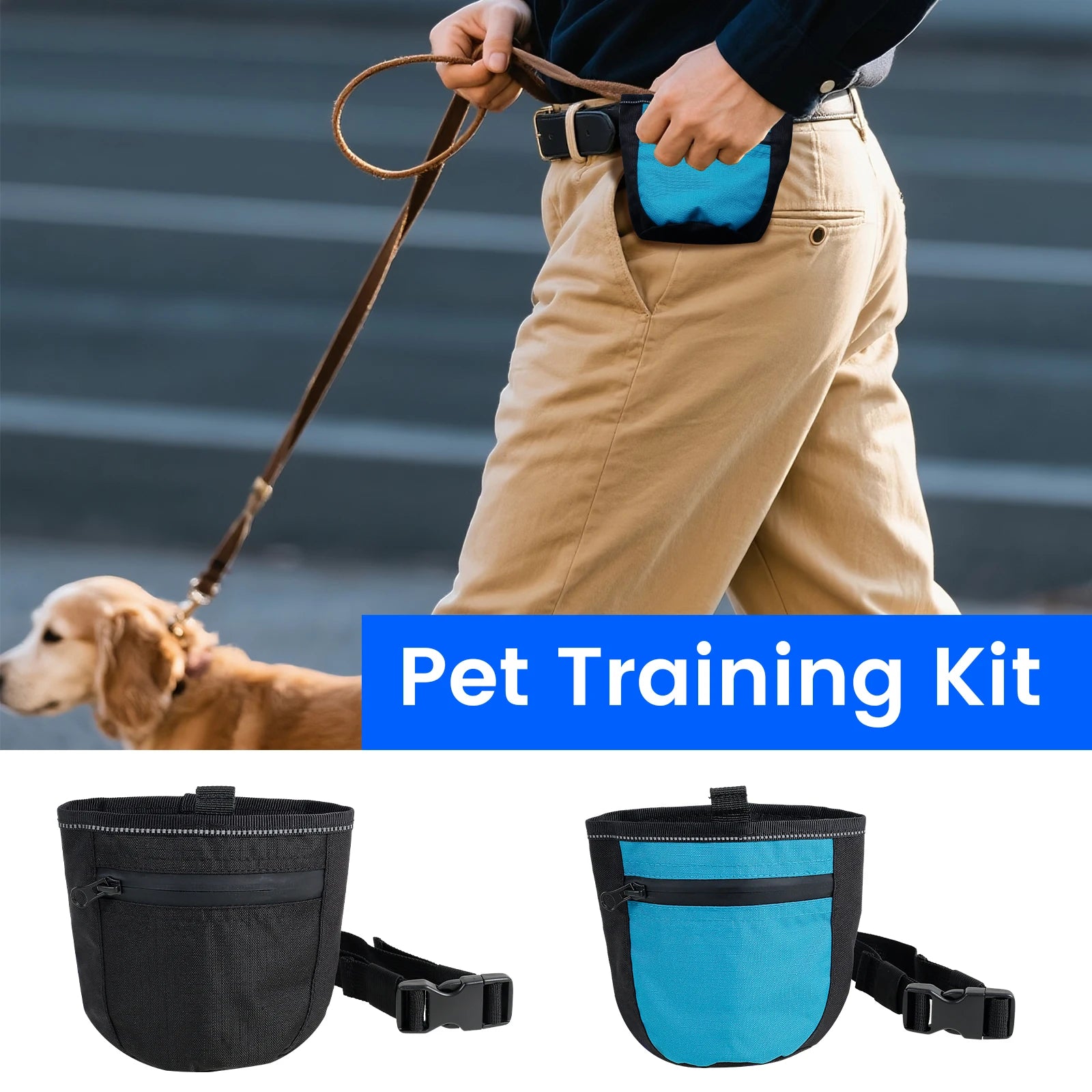 Dog Treat Pouch Oxford Cloth Waterproof Dog Walking Bag with Adjustable Belt and Magnetic Closure No Spill Pet Snacks Pouch