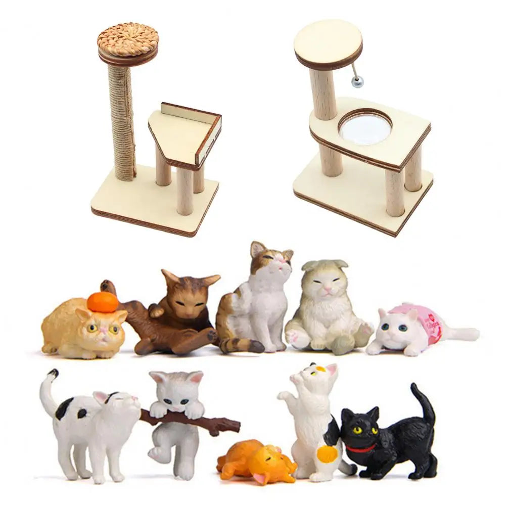 Small Cat Figurines for Dollhouse Miniature Wooden Cat Climbing Frame Pet Cat Tree Tower Toys for Dollhouse Decoration Small