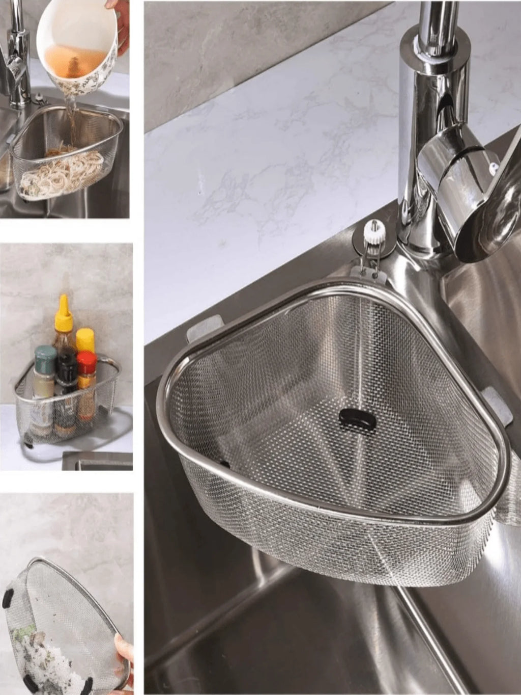 1Pc Stainless Steel Triangle Sink Drain Basket, Max Capacity 6.61lbs, Polished Surface,With Trash Residue Strainer