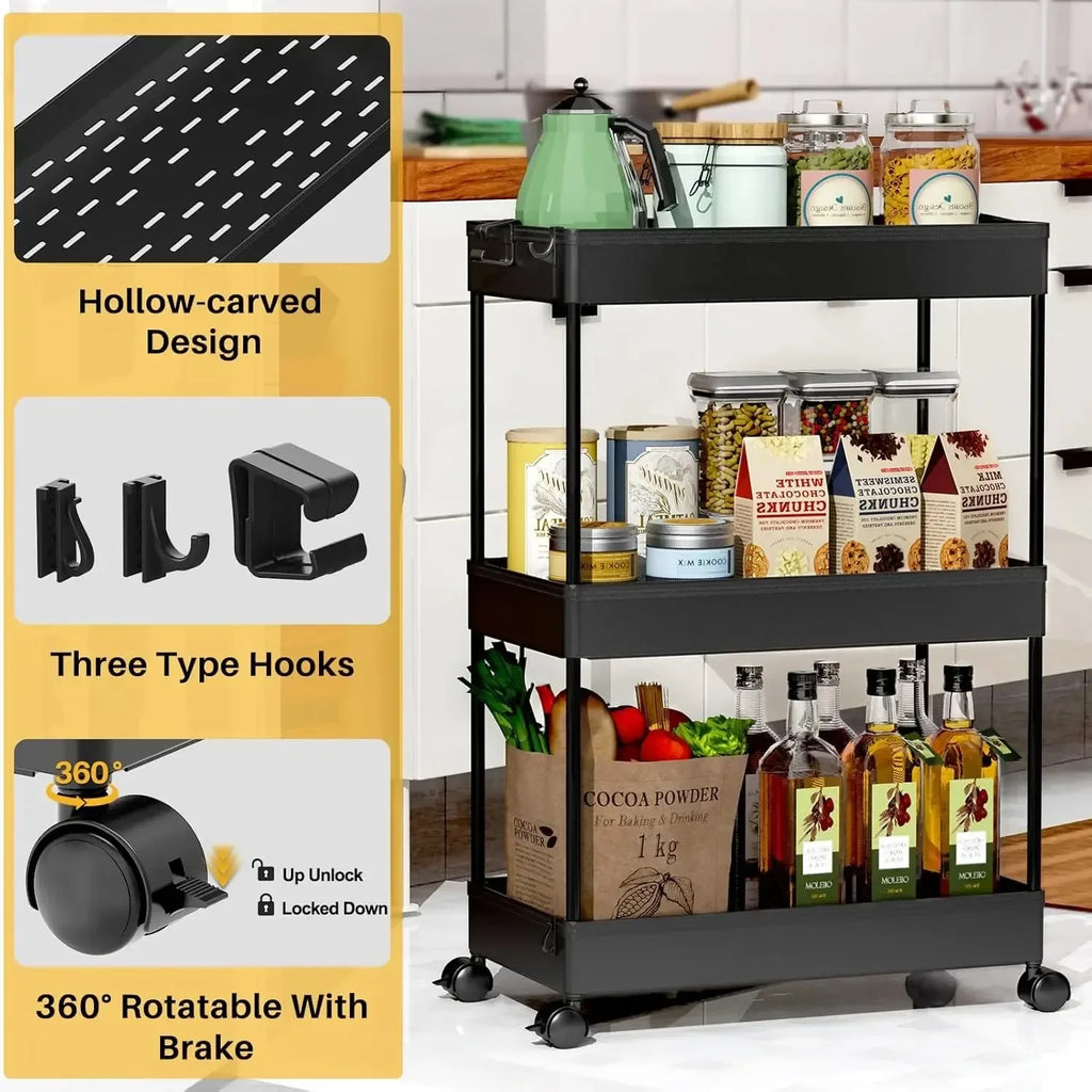Rolling Storage Cart 3 Tier, Bathroom Cart Organizer Mobile Shelving Unit Multi-Functional Shelves for Office, Kitchen, Bathroom
