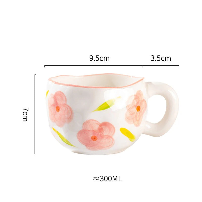 300ML Cute Hand Pinched Irregular Ceramic mug Flower Heart Pattern Coffee Cup Breakfast Milk tea cups Gift For Kids Girls