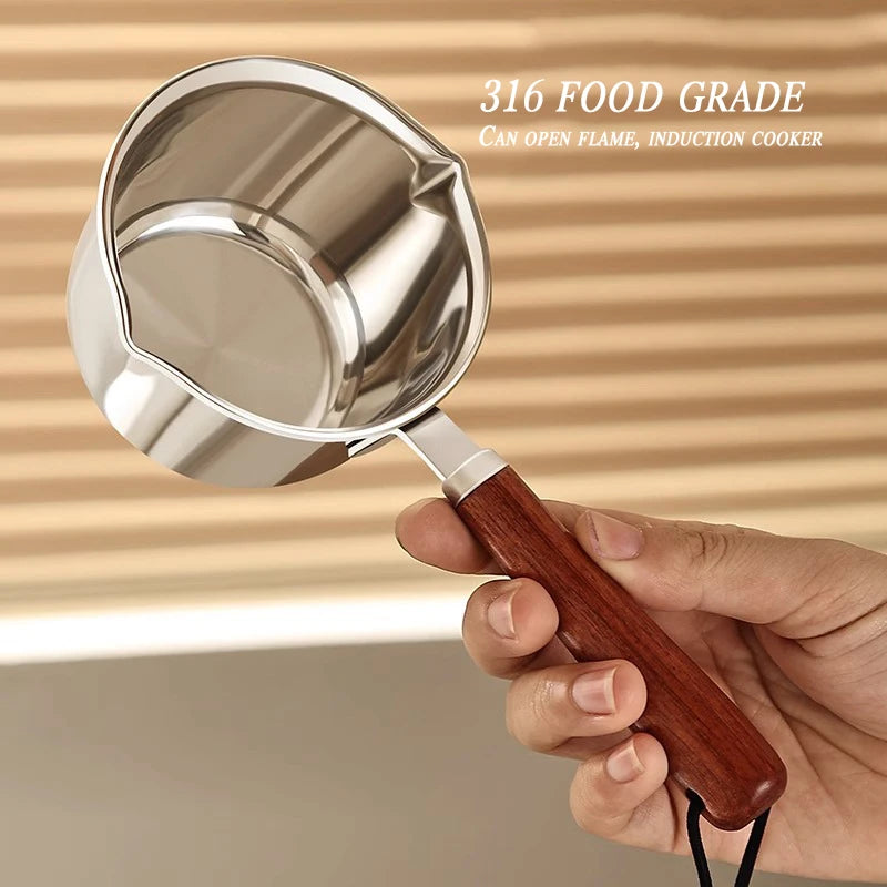 316Stainless Steel Oil Pot Mini Hot Milk Pan Frying Pan Wooden Handle Small Saucepan Boiling Butter Melt Pot Kitchen Accessories