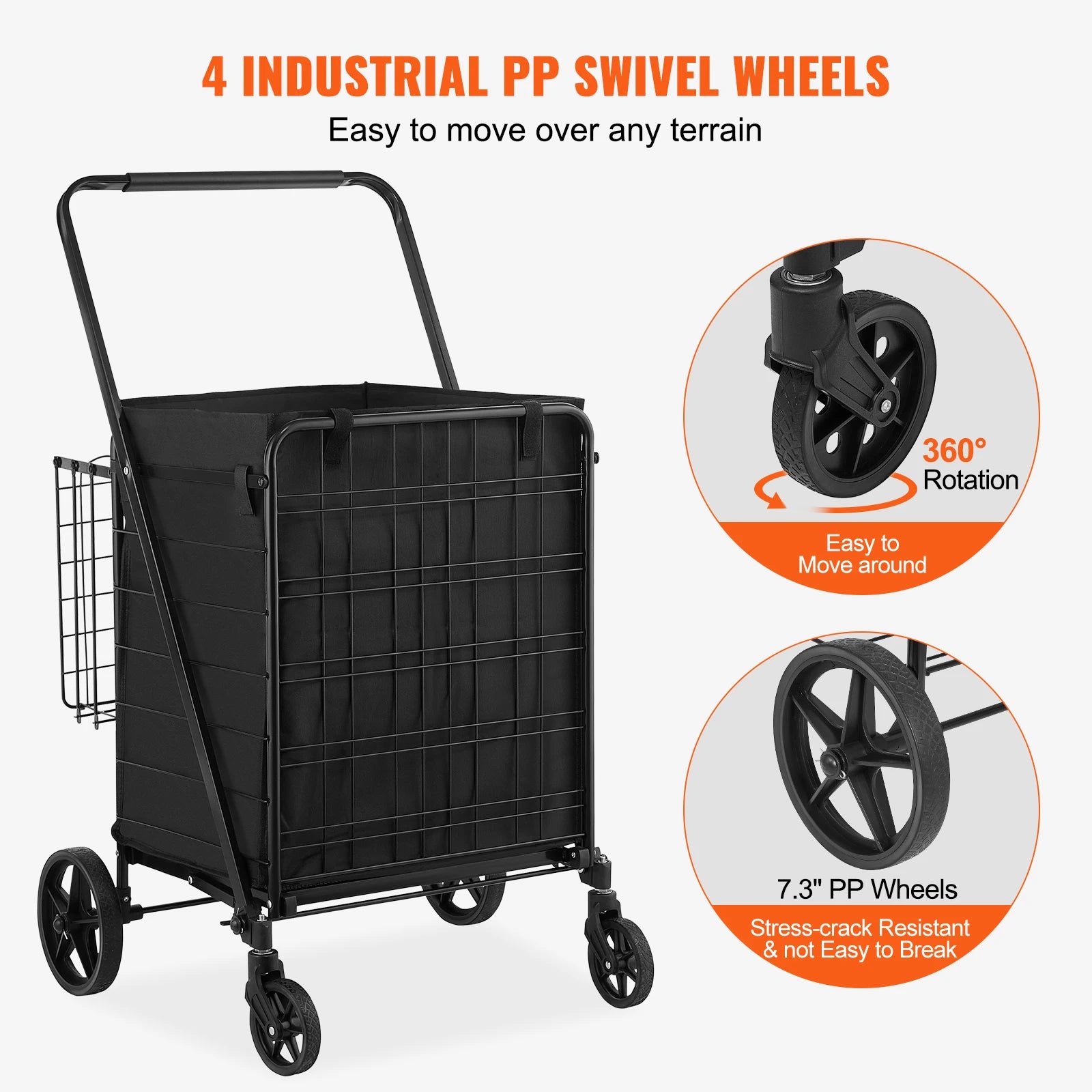 SucceBuy Folding Shopping Cart w/ Removable Waterproof Liner 106/330LBS Large Capacity 360° Swivel Wheels Dense Metal Mesh Base