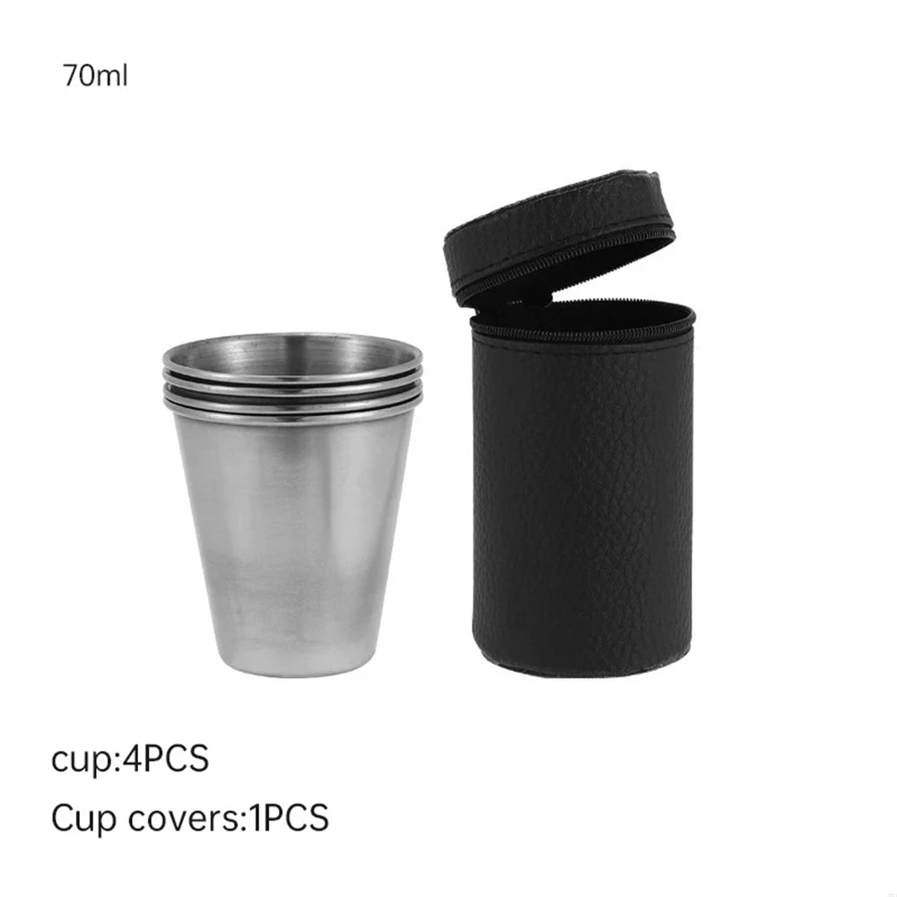 4pcs/Set Stainless Steel Cups with Storage Bag Metal Drinking Cups Stackable Water Tumblers 30ml/70ml/170ml for Outdoor Travel