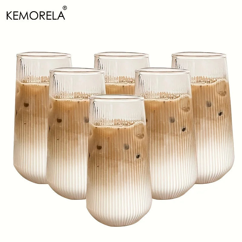 KEMORELA 4/6pcs Vertical Striped Glass Heat-Resistant Glass Water Cup Milk Juice Cup Iced Coffee Summer and Winter Drinking Ware