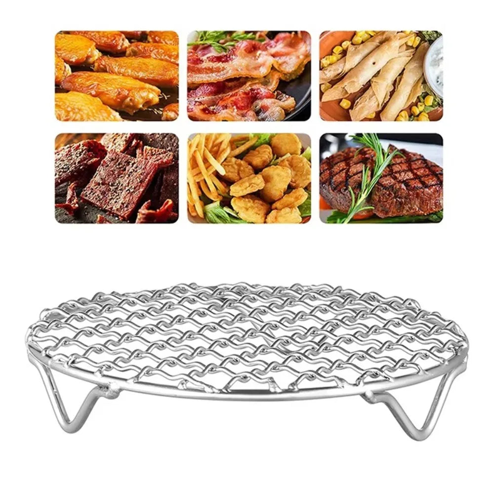 Round Air Fryer Rack Stackable Stainless Steel Grid Grill BBQ Net with Foot Cooling Rack Steam Baking Rack For Home Kitchen