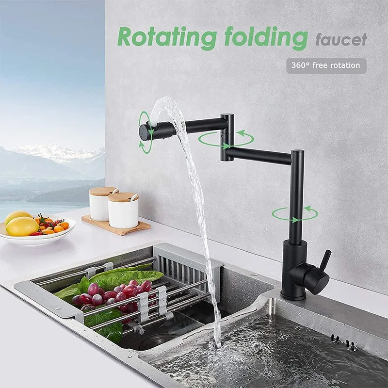 Faucet Black/Nickel Hot And Cold Mixed Universal Folding Kitchen Sink Tap 304 Stainless Steel Arm Swivel Extends Kitchen Sink