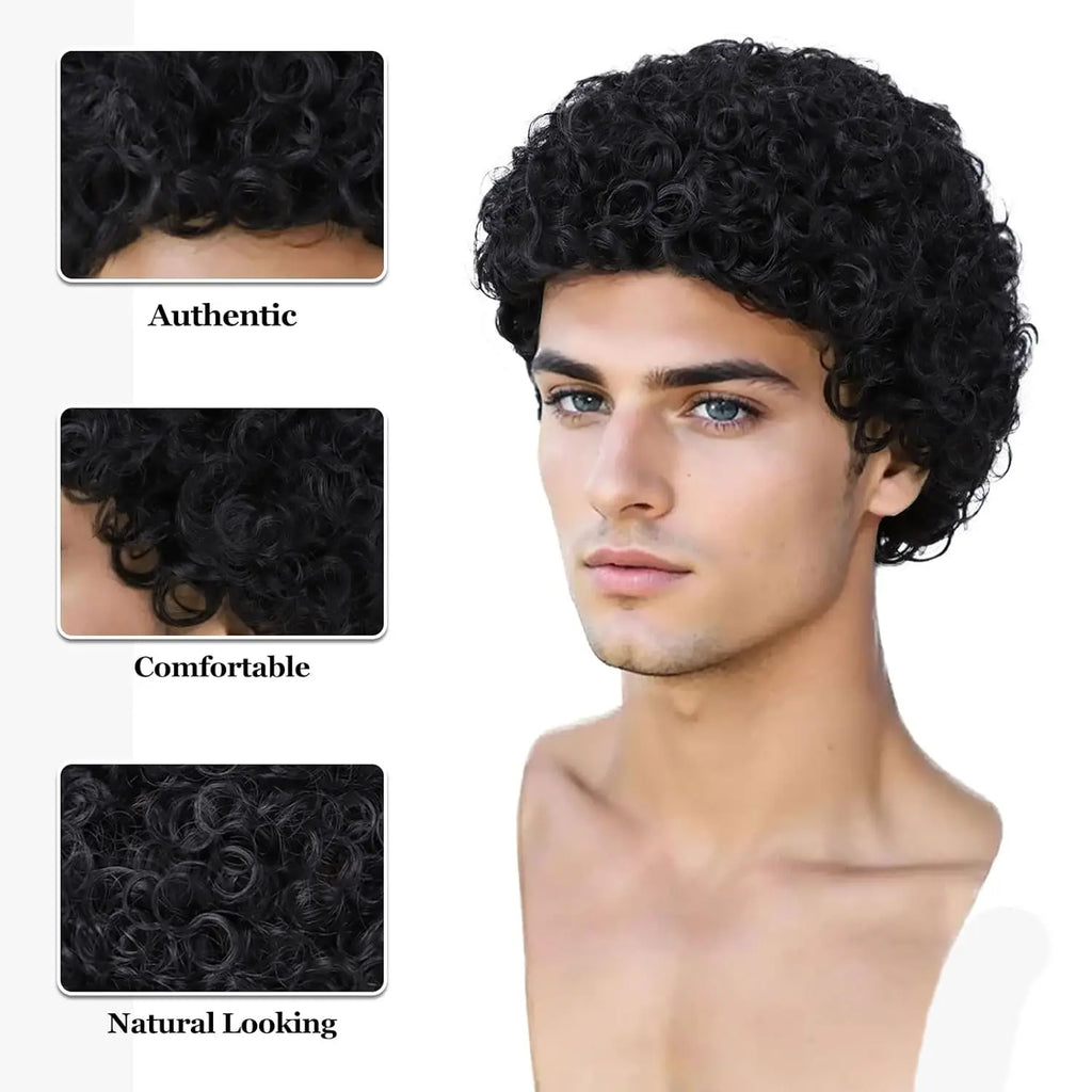 Synthetic Mens Short Afro Curly Wig With Glass for Male 70s 80s Disco Guy Rocker Halloween Cosplay Fancy Daily Party Costume