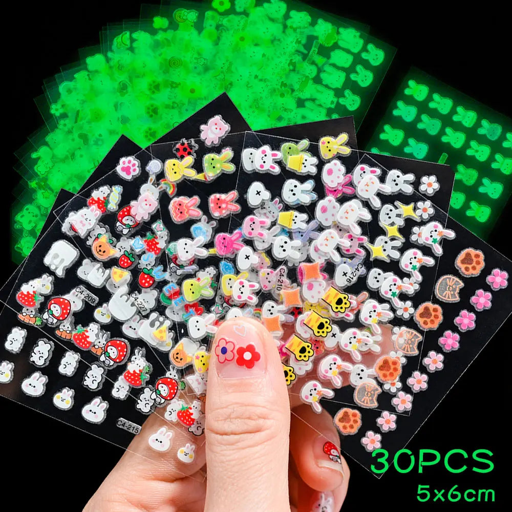 30pcs/set  Easter Luminous Children's Rabbit Nail Stickers Glow in the Dark Cute Flower Nail Decals Adhesive Kawaii Kids Sticker