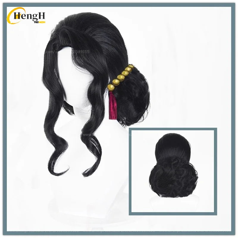 In Stock Anime Kibutsuji Muzan Female Short 38cm Black With Bun Cosplay Wig Heat Resistant Synthetic Hair Halloween Party Wigs