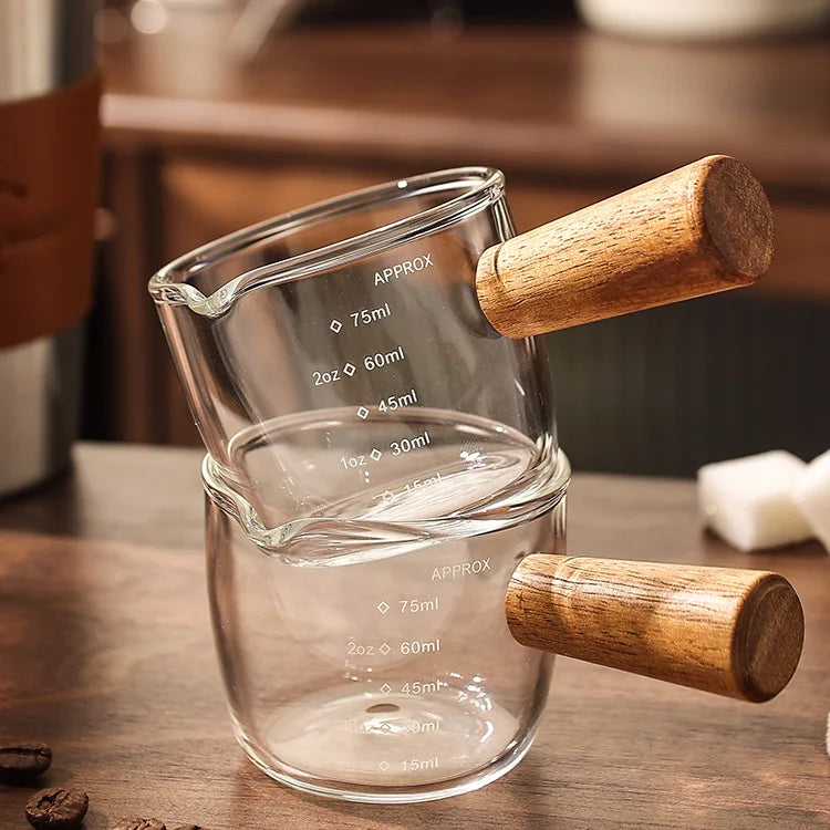 Kitchen Mug Coffee Supplies Glass Measuring Cup With Wood Handle Double Single Mouth 75ml Creativity Espresso Heat Resists Clear