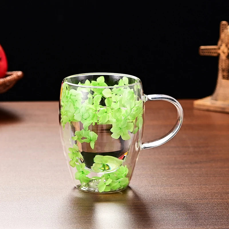 1PC INS Trends High Borosilicate Glass Tea Coffee Cup Floral Dry Flowers Cup Simple Heat Resistant Double Wall Glass Cup
