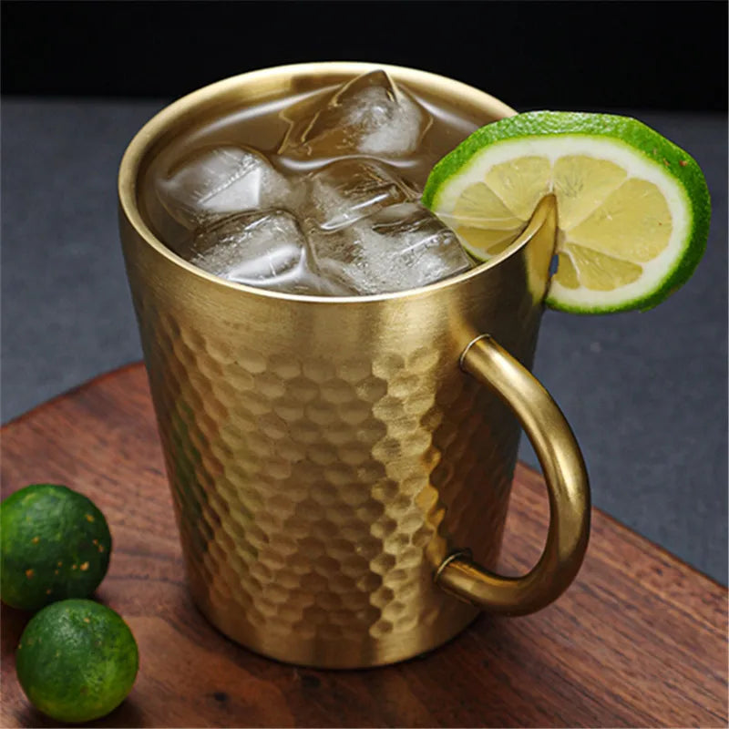 Gold 304 Stainless Steel Beer Mug Water Cups with Handle Coffee Milk Juice Mugs Summer Bar Tool Anti-scalding for Kitchen Drink