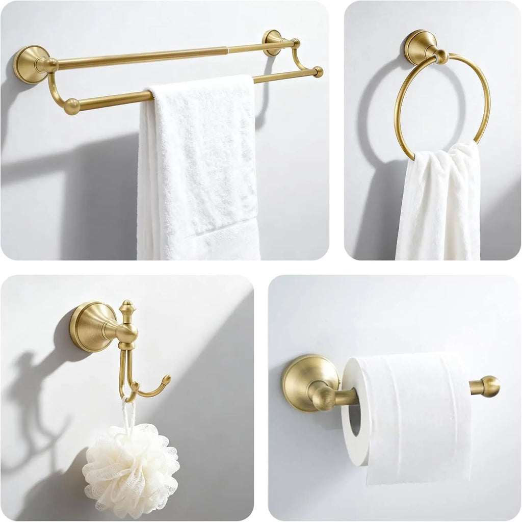 Antique Brass Bathroom Set: Adjustable Towel Bar, Toilet Paper Holder, Towel Ring & Robe Hook - Solid Brass, Rust-Resistant