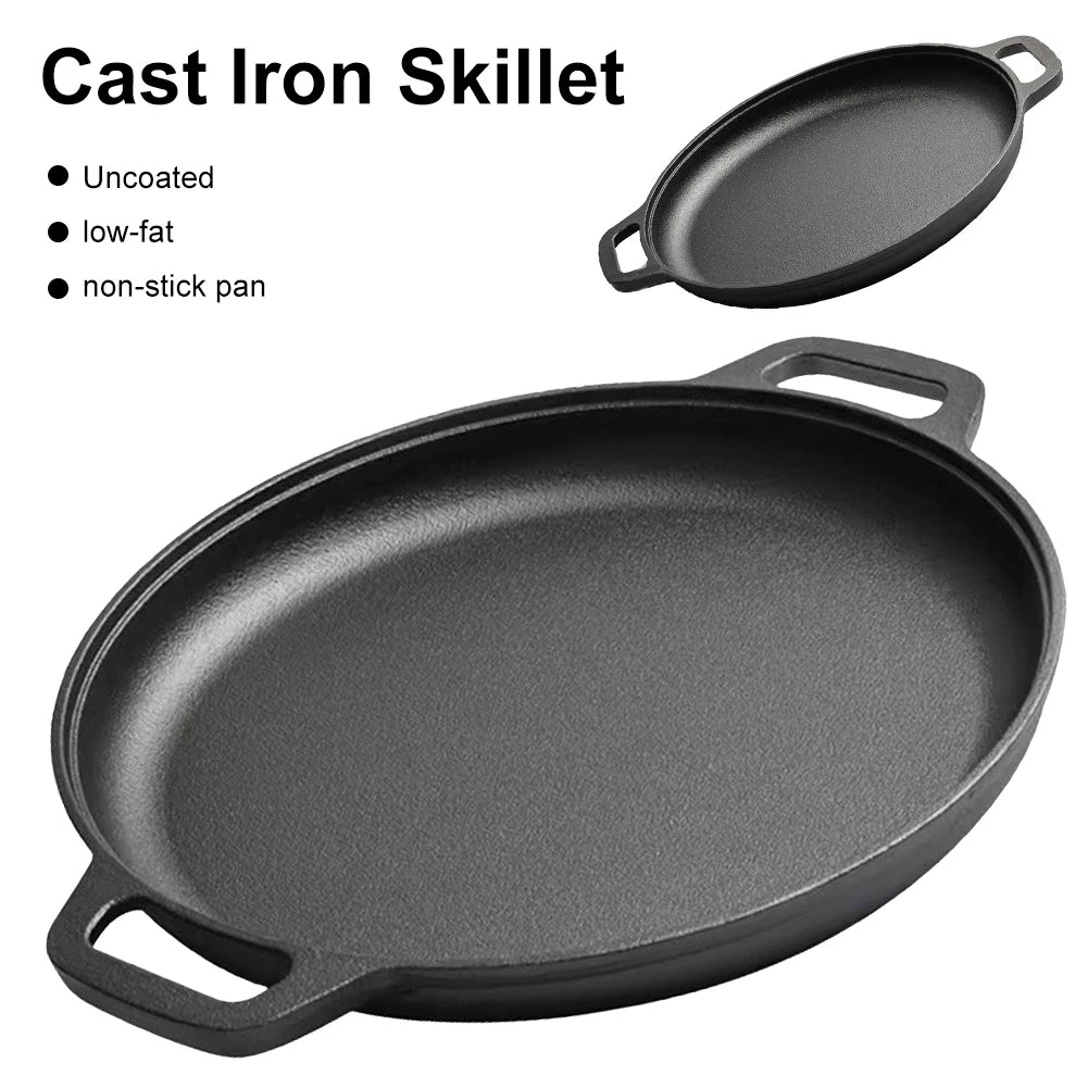 Cast Iron Round Griddle For Crepes And Pizza with Dual Handles Non-Stick BBQ Camping Fry Pan Pancake Pizza Pan Cookware Fry Pan