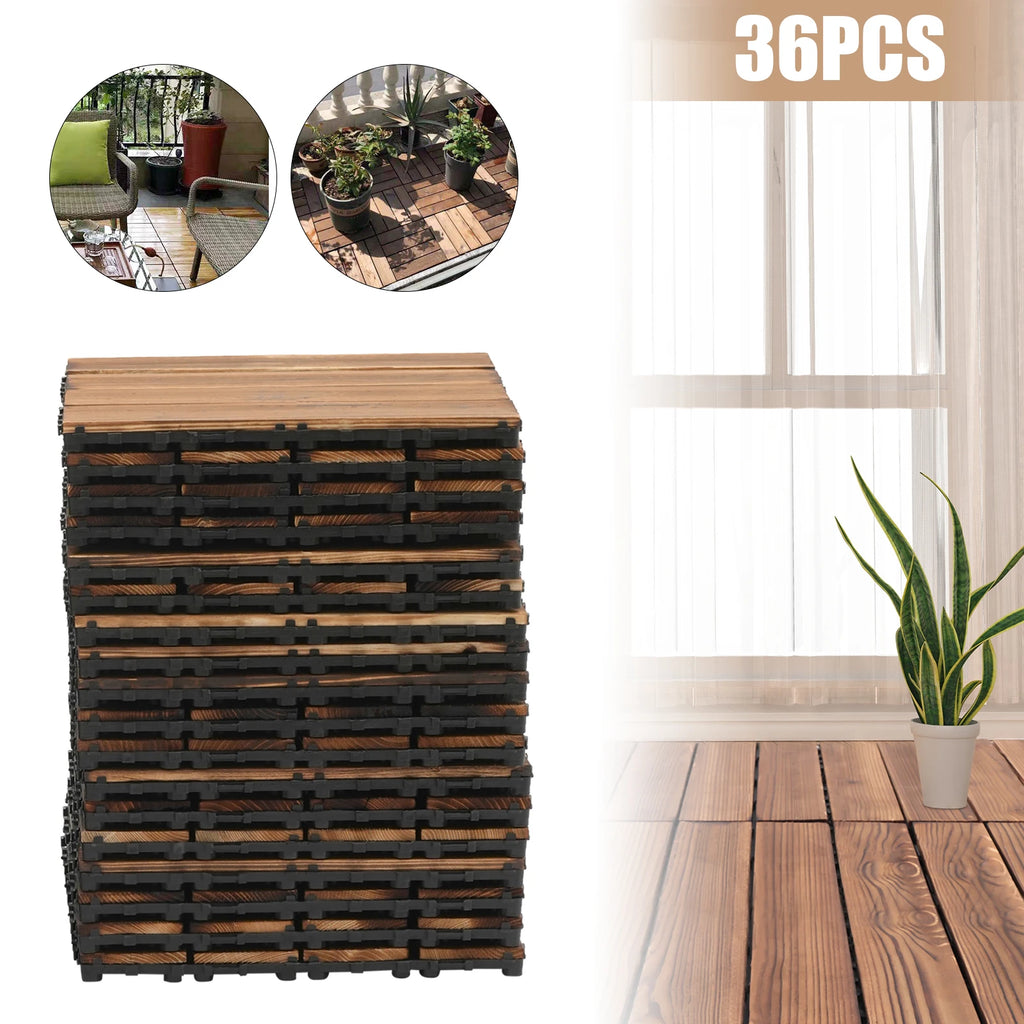36Pcs/Set 30x30cm Wooden Balcony Patio Tiles, Indoor Outdoor Interlocking Non-slip Waterproof Flooring Deck Tile Pavers Brown
