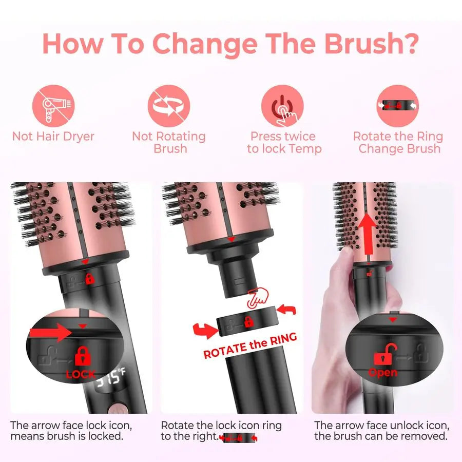 Brush,5 Temps LCD Display Ceramic Tourmaline Heated Styling Brush Set 3in1 Detachable Barrels 1.25 1.5 1.75 Inch,Heater for Vers