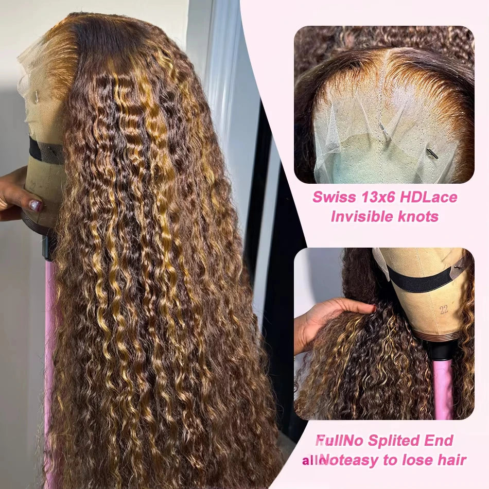 30 36 Inch 13x4 13x6 HD Highlight Ombre Curly Lace Frontal Human Hair Wigs Honey Blonde Colored Deep Wave Frontal Wigs For Women