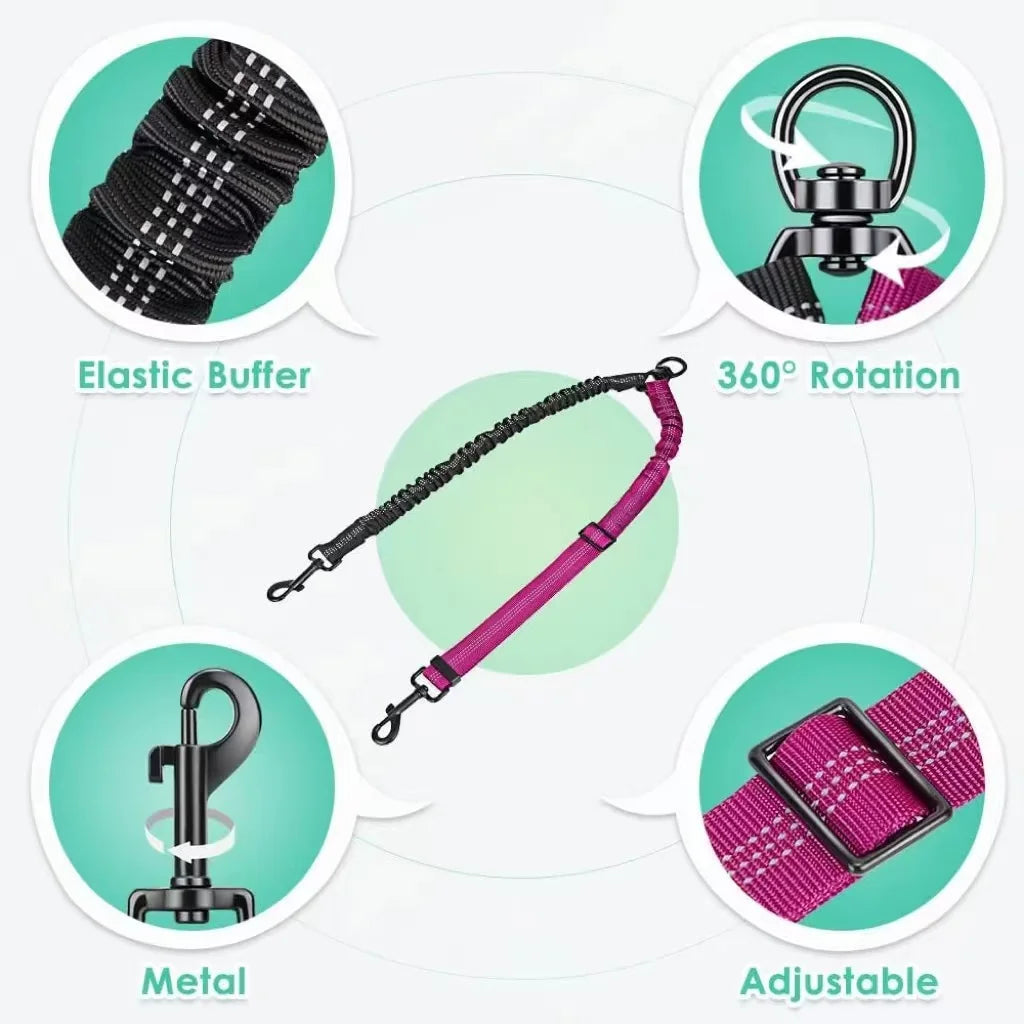 Double Dog Leash, No Tangle 360° Swivel Rotation Reflective Lead Attachment Bungee Extension Length Dual Two Dog Lead Splitter,