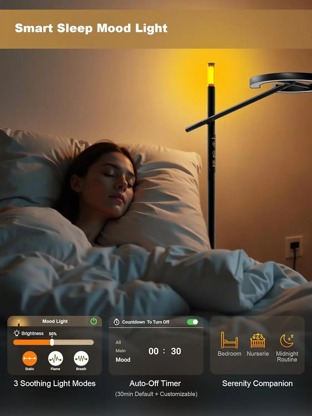 Smart Light Therapy Lamp, 10000 Lux UV-Free Sunlight, Dimmable Floor Lamp with App & Remote, Timer for Cozy Relaxation