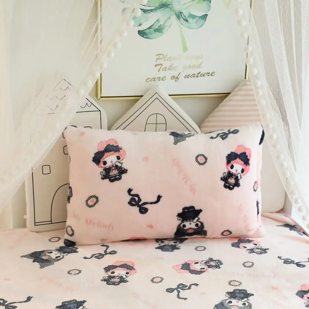 Lolita My Melody Kuromi Blanket Cartoon Pattern Printing Warm Blanket Pillowcase Singe Size Flannel Blanket Bedspread Bedroom