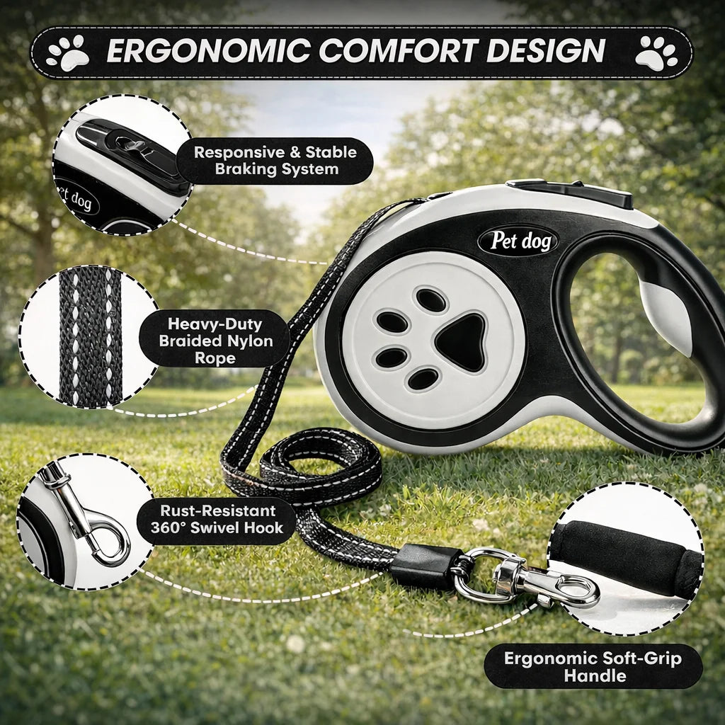 Retractable Dog Leash with 360° Tangle-Free Design, 16 ft Durable Nylon Tape, One-Handed Brake, Pause & Lock, Black