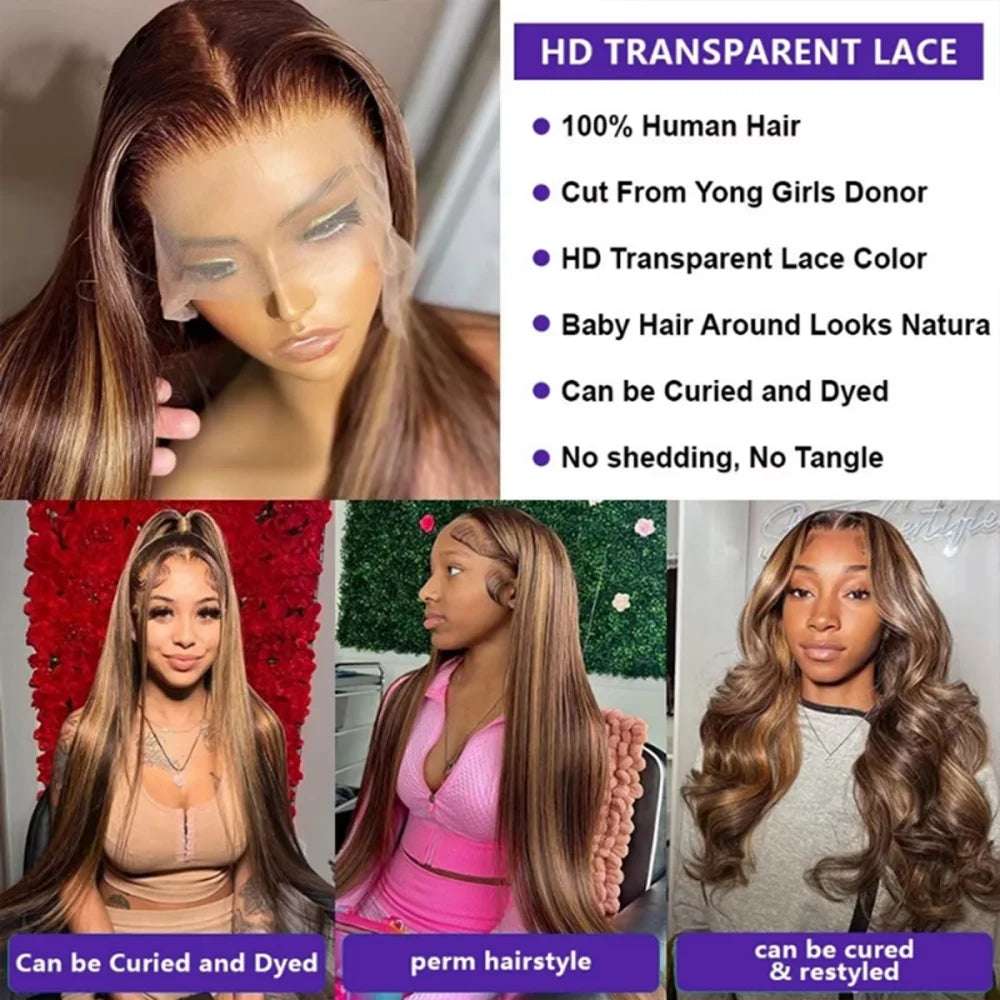 P4/27 Highlight Bone Straight Wigs Human Hair 13x6 HD Lace Frontal Wig Brazilian Honey Blonde Colored Human Hair Wigs